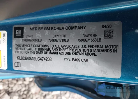 2020 Chevrolet Spark Fwd Ls Automatic из США, поврежденный, VIN KL8CB6SA9LC474203